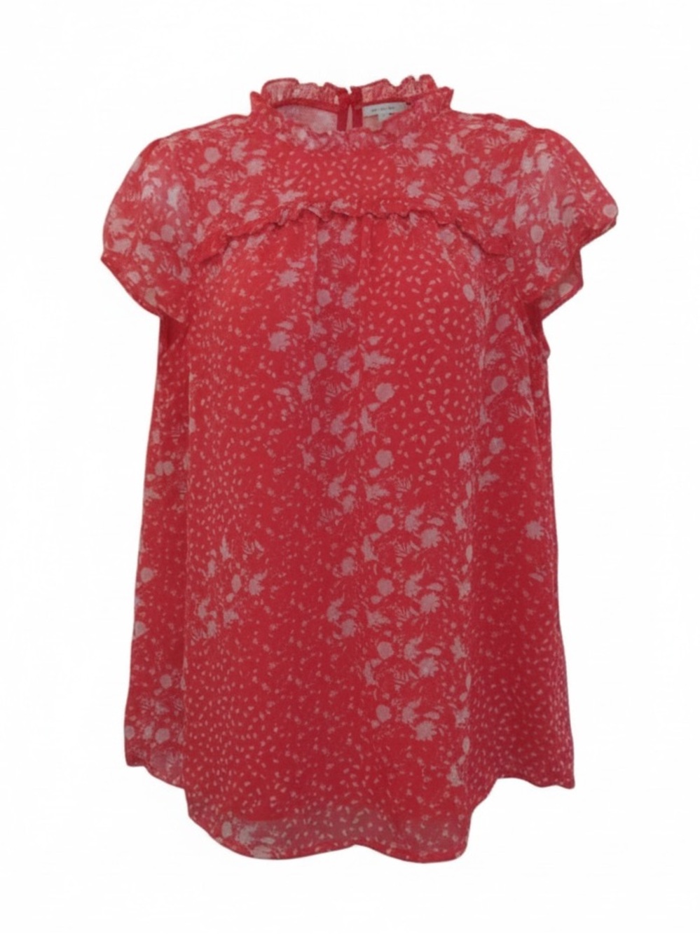 Joie Coral Pink Floral Ruffle Neck Flutter Cap Sleeves Blouse Size M